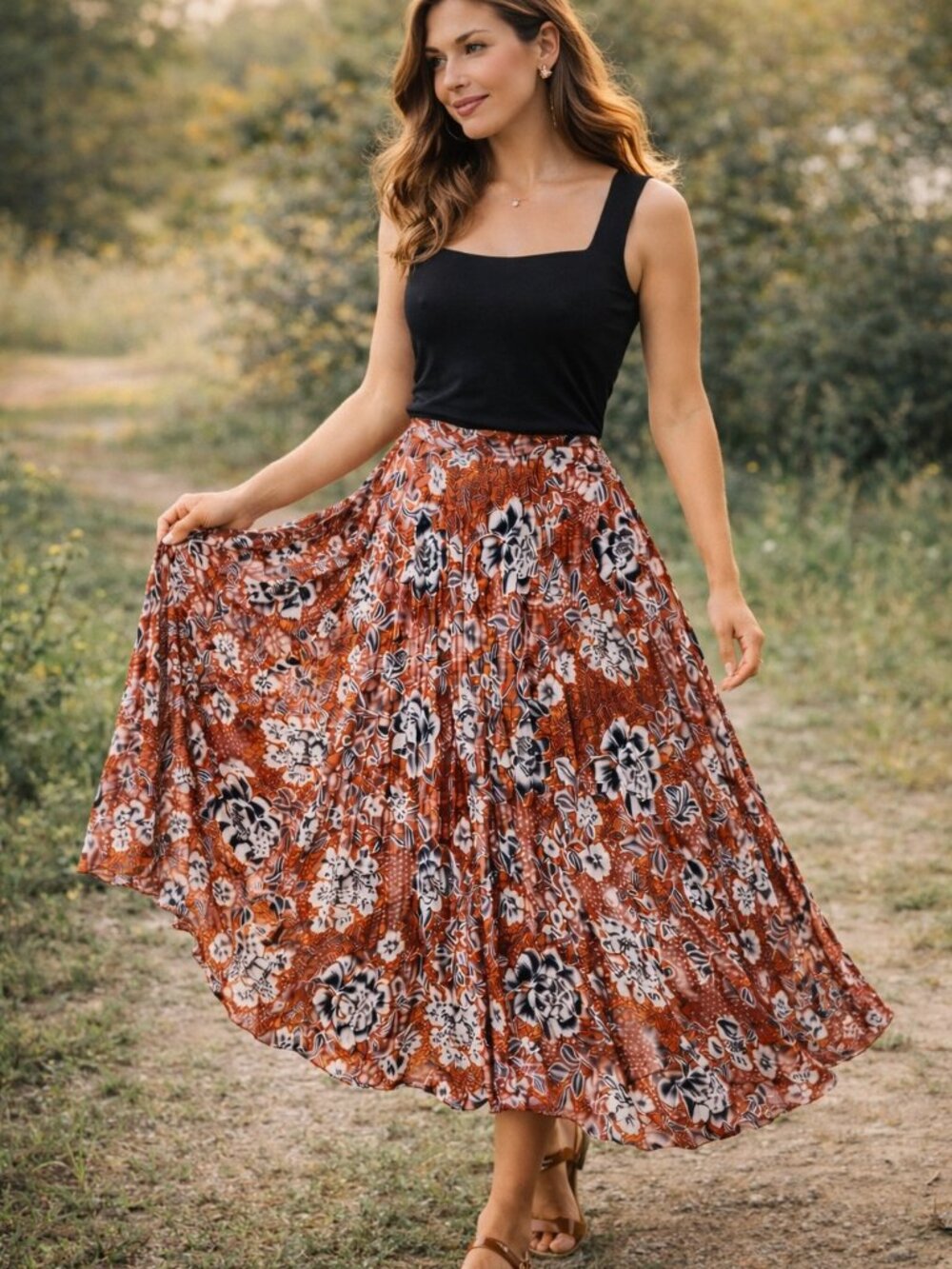Garnet Hill Floral Pleated Midi Skirt M Feminine Cottagecore Boho